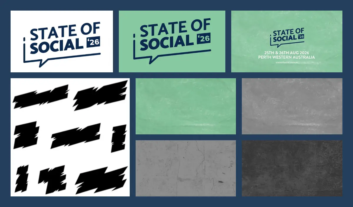 SOS26 motion system: State of Social logo on white and mint, the event tile, jagged shapes and textures