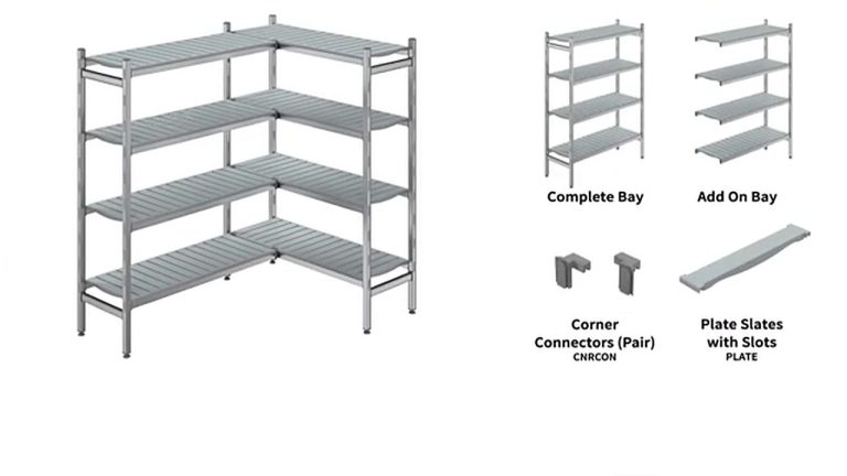 Brayco Premium Coolroom Shelving assembly animation: shelving bays set up in an L configuration