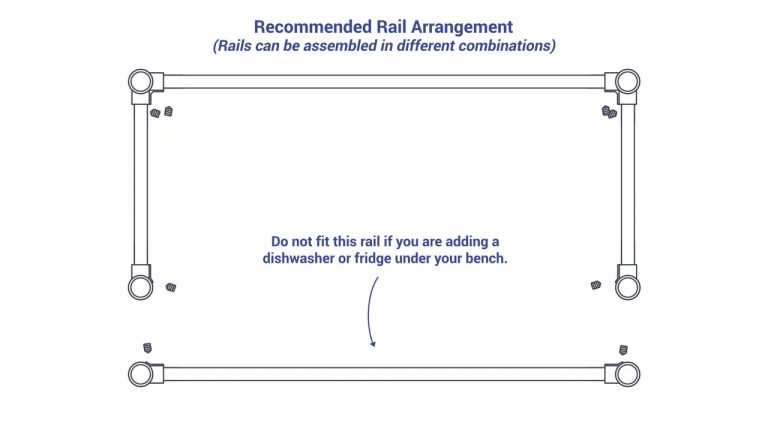 Brayco Leg Brace Rail Kit assembly animation: top view of the recommended rail arrangement between the bench legs