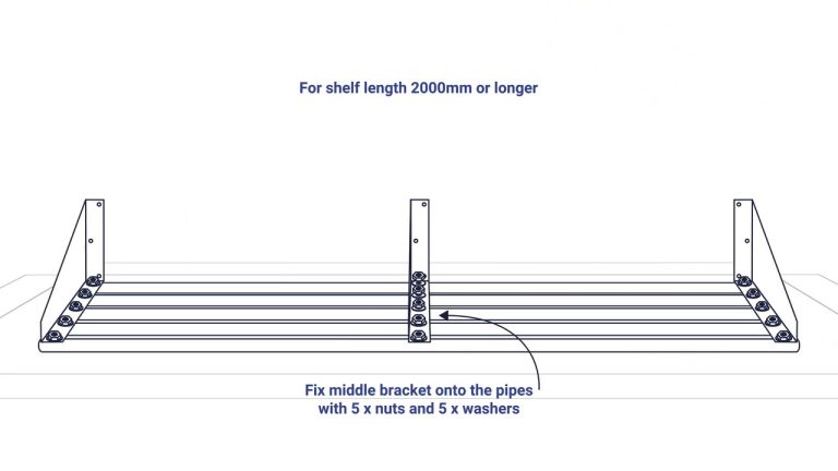 Brayco Pipe Shelf assembly animation: middle bracket fitted to a long stainless pipe wall shelf