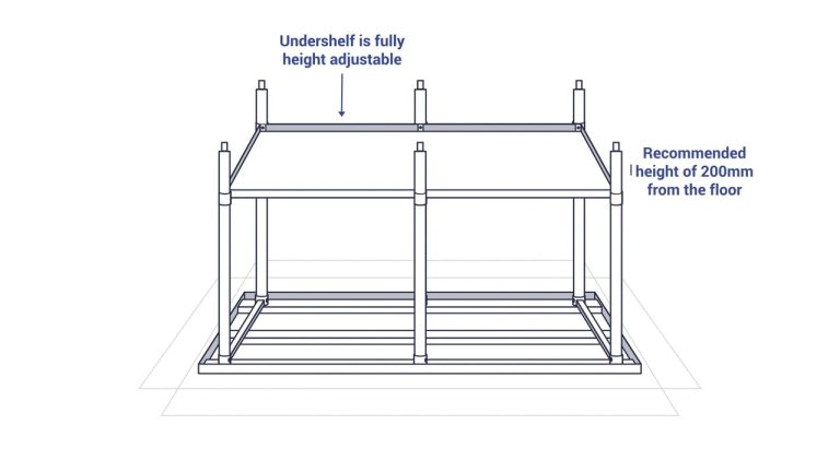 Brayco 914mm Deep Flat Top Bench assembly animation: upturned bench frame showing the height-adjustable undershelf