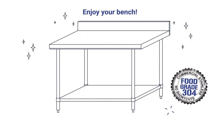 Brayco Splashback Bench assembly animation: finished splashback bench with Food Grade 304 badge